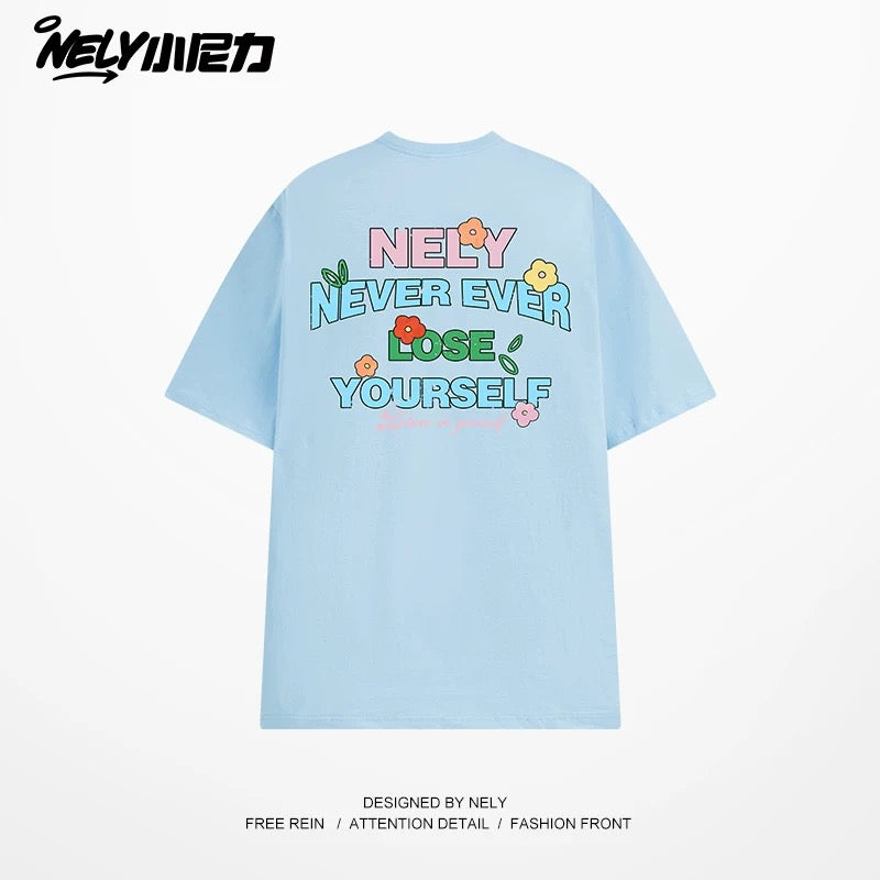 NELY Little Nelly Graffiti Flower Color Letter Short Sleeve T-shirt Men and Women Korean Small Round Neck Cotton Top Trend