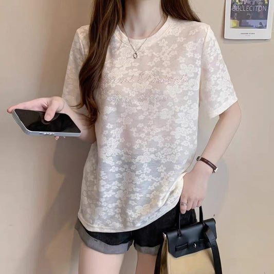 Heavy-duty hot-stamped rhinestone letter embroidery lace jacquard slightly sheer loose-fitting slimming design niche short-sleeved t-shirt for women in summer