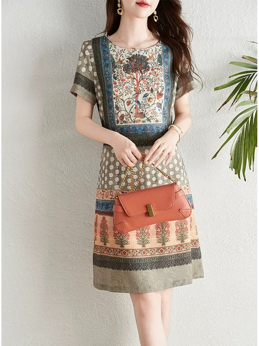 French retro style positioning printed dress women's summer 2024 new ethnic style elegant slimming a-line skirt