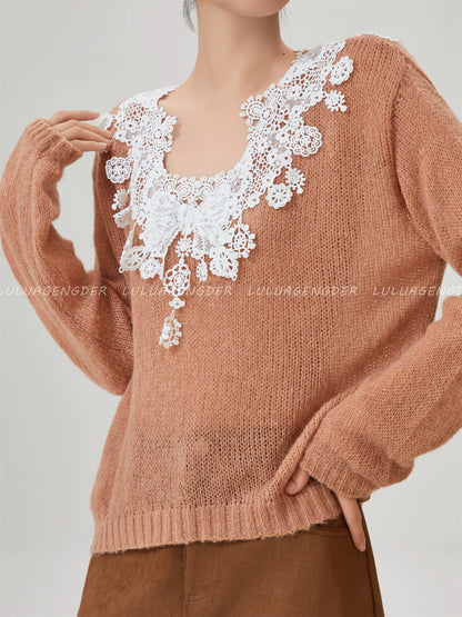 Lulu's Korean-style pretty early autumn sweater, new autumn style, elegant lace knit design, long-sleeved knitwear.