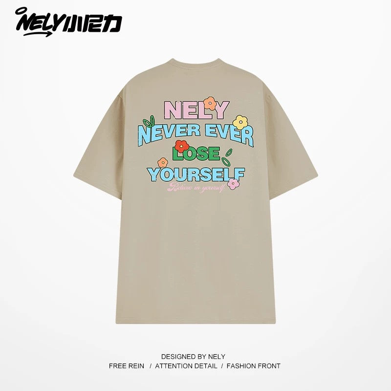 NELY Little Nelly Graffiti Flower Color Letter Short Sleeve T-shirt Men and Women Korean Small Round Neck Cotton Top Trend