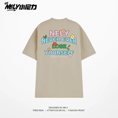 NELY Little Nelly Graffiti Flower Color Letter Short Sleeve T-shirt Men and Women Korean Small Round Neck Cotton Top Trend
