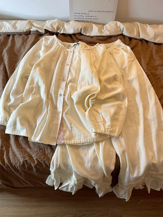 Women's Sweet & Gentle Style Pure Cotton Long-Sleeve Pajama Set – New for Autumn 2026: Comfortable Loungewear with Trousers, Suitable for Casual Wear.