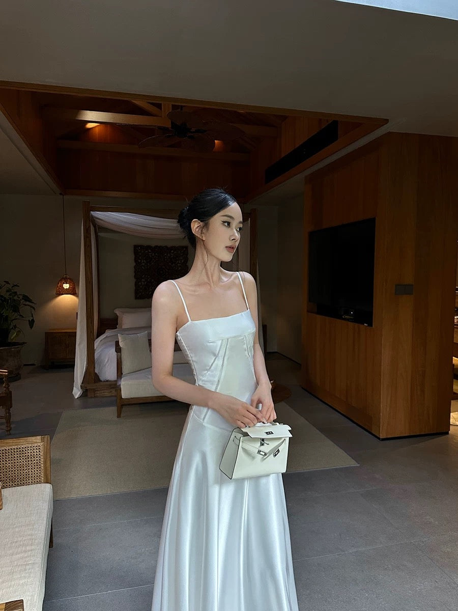 VENUIE white satin suspender dress for women French style high-end back strap waist slimming A-line long skirt
