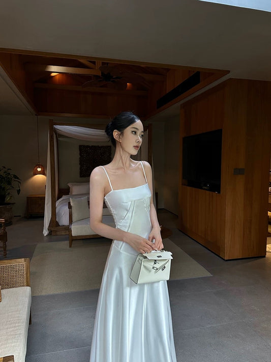VENUIE white satin suspender dress for women French style high-end back strap waist slimming A-line long skirt