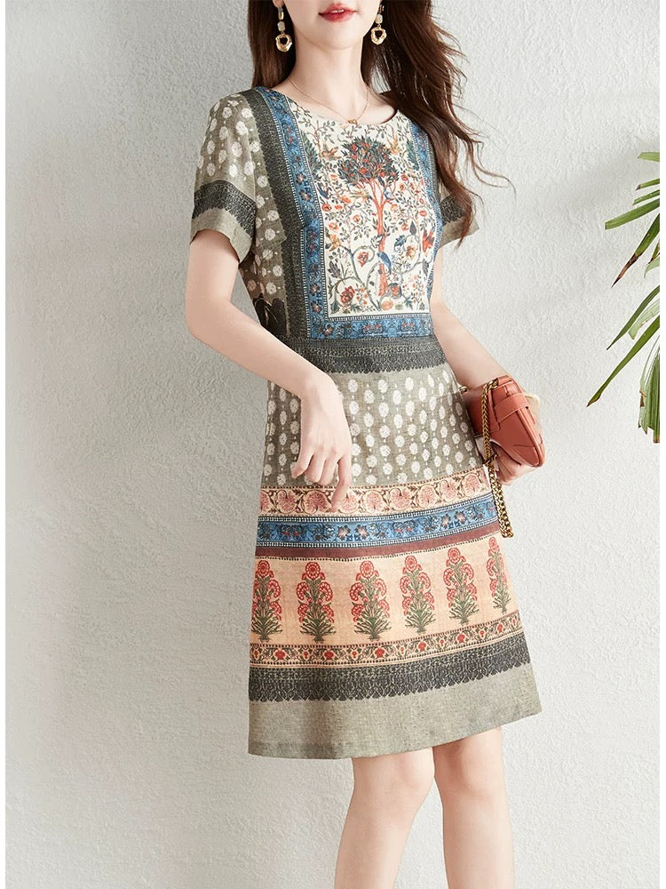 French retro style positioning printed dress women's summer 2024 new ethnic style elegant slimming a-line skirt