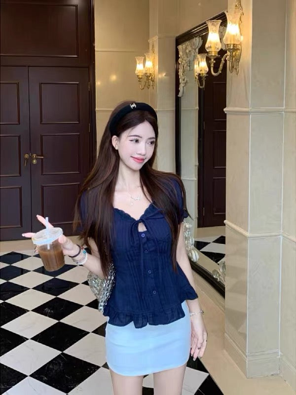Plus-size women's clothing, pure and sexy, short-sleeved shirt with bo   Lee Nhi Boutique