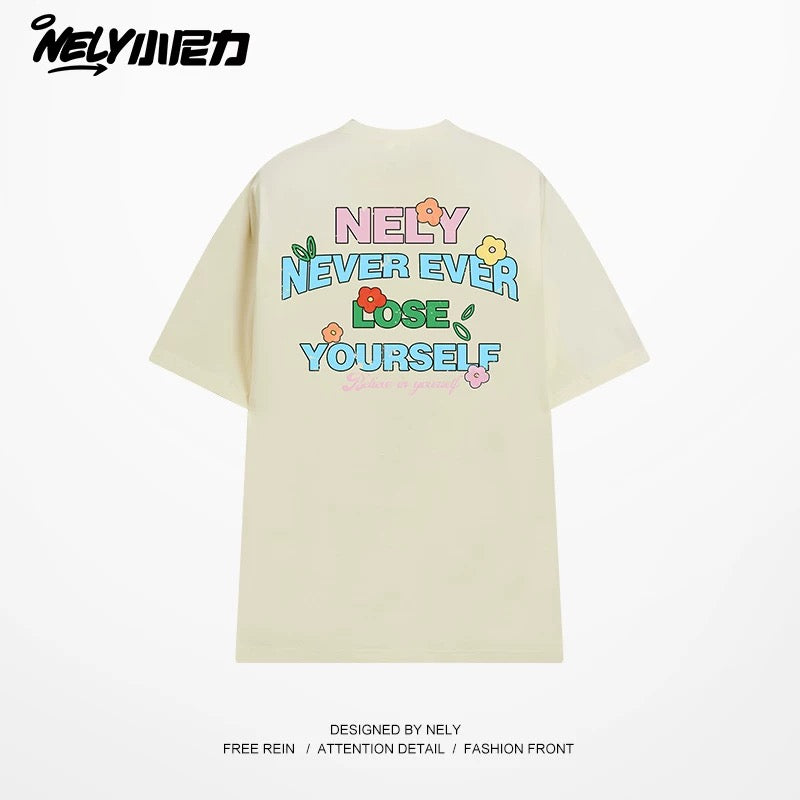 NELY Little Nelly Graffiti Flower Color Letter Short Sleeve T-shirt Men and Women Korean Small Round Neck Cotton Top Trend