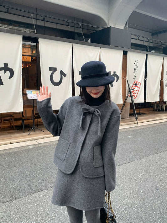 Hello Canon Bow tie coat A-line skirt double-sided woolen suit women's autumn woolen coat short skirt two-piece set