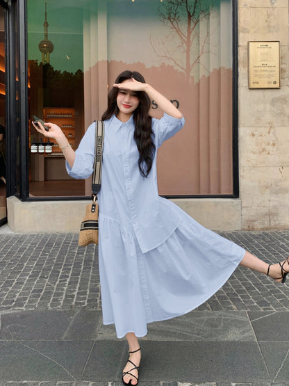 Milk blue loose large size fat mm design dress shirt skirt casual shirt skirt Korean style long skirt for pregnant women