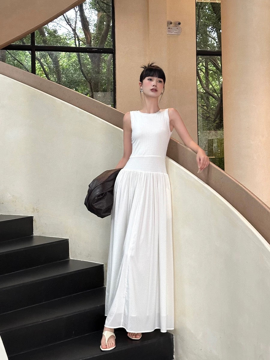 VENUIE sleeveless round neck dress female summer French retro slim waist design solid color vest long skirt