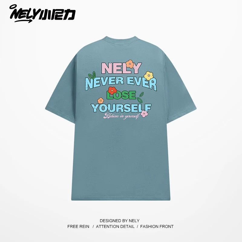 NELY Little Nelly Graffiti Flower Color Letter Short Sleeve T-shirt Men and Women Korean Small Round Neck Cotton Top Trend