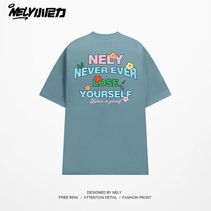 NELY Little Nelly Graffiti Flower Color Letter Short Sleeve T-shirt Men and Women Korean Small Round Neck Cotton Top Trend