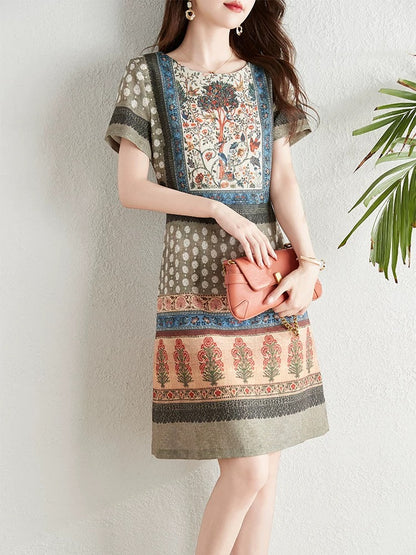 French retro style positioning printed dress women's summer 2024 new ethnic style elegant slimming a-line skirt