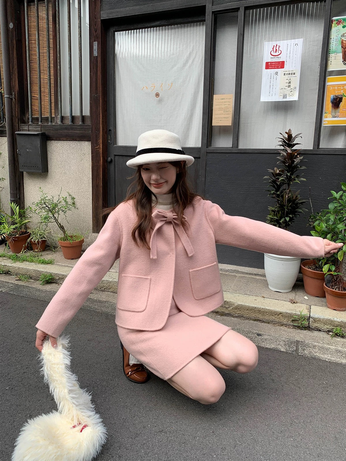 Hello Canon Bow tie coat A-line skirt double-sided woolen suit women's autumn woolen coat short skirt two-piece set