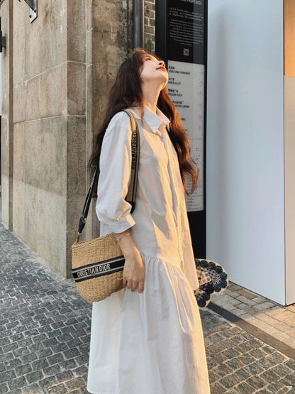 Milk blue loose large size fat mm design dress shirt skirt casual shirt skirt Korean style long skirt for pregnant women