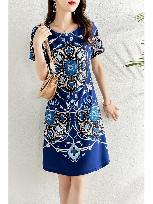 High-end retro printed dress for women summer 2024 new style waist slimming French style fashionable a-line skirt