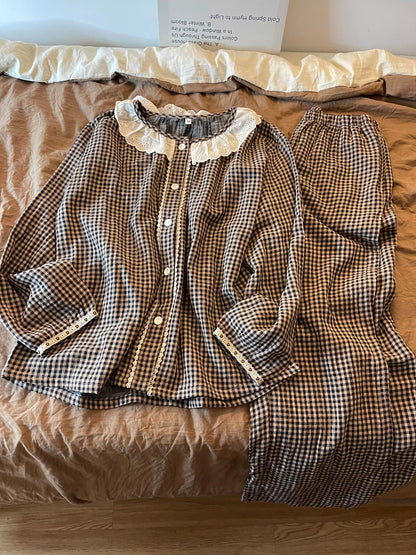 Women's Long-Sleeved Plaid Pajama Set – Korean-Style Sweet & Casual Loungewear (Autumn 2026 New Arrival)