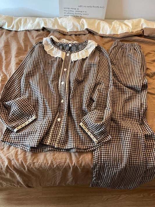 Women's Long-Sleeved Plaid Pajama Set – Korean-Style Sweet & Casual Loungewear (Autumn 2026 New Arrival)