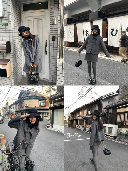 Hello Canon Bow tie coat A-line skirt double-sided woolen suit women's autumn woolen coat short skirt two-piece set