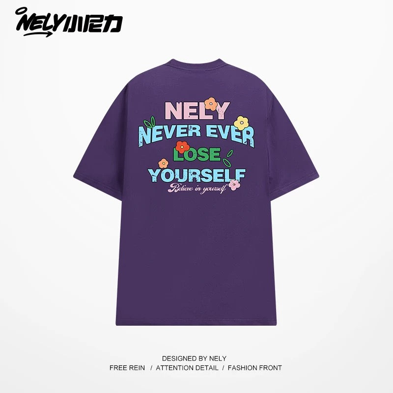 NELY Little Nelly Graffiti Flower Color Letter Short Sleeve T-shirt Men and Women Korean Small Round Neck Cotton Top Trend