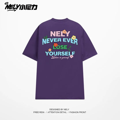 NELY Little Nelly Graffiti Flower Color Letter Short Sleeve T-shirt Men and Women Korean Small Round Neck Cotton Top Trend