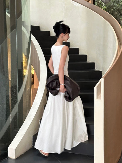 VENUIE sleeveless round neck dress female summer French retro slim waist design solid color vest long skirt