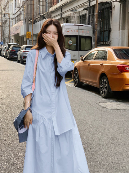 Milk blue loose large size fat mm design dress shirt skirt casual shirt skirt Korean style long skirt for pregnant women
