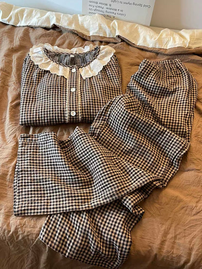 Women's Long-Sleeved Plaid Pajama Set – Korean-Style Sweet & Casual Loungewear (Autumn 2026 New Arrival)