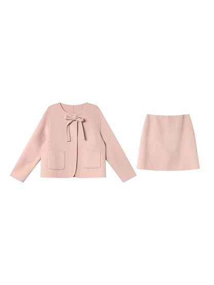 Hello Canon Bow tie coat A-line skirt double-sided woolen suit women's autumn woolen coat short skirt two-piece set