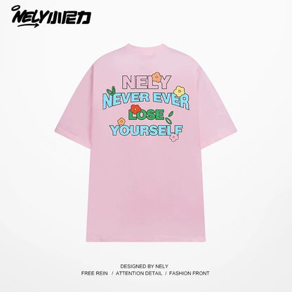 NELY Little Nelly Graffiti Flower Color Letter Short Sleeve T-shirt Men and Women Korean Small Round Neck Cotton Top Trend