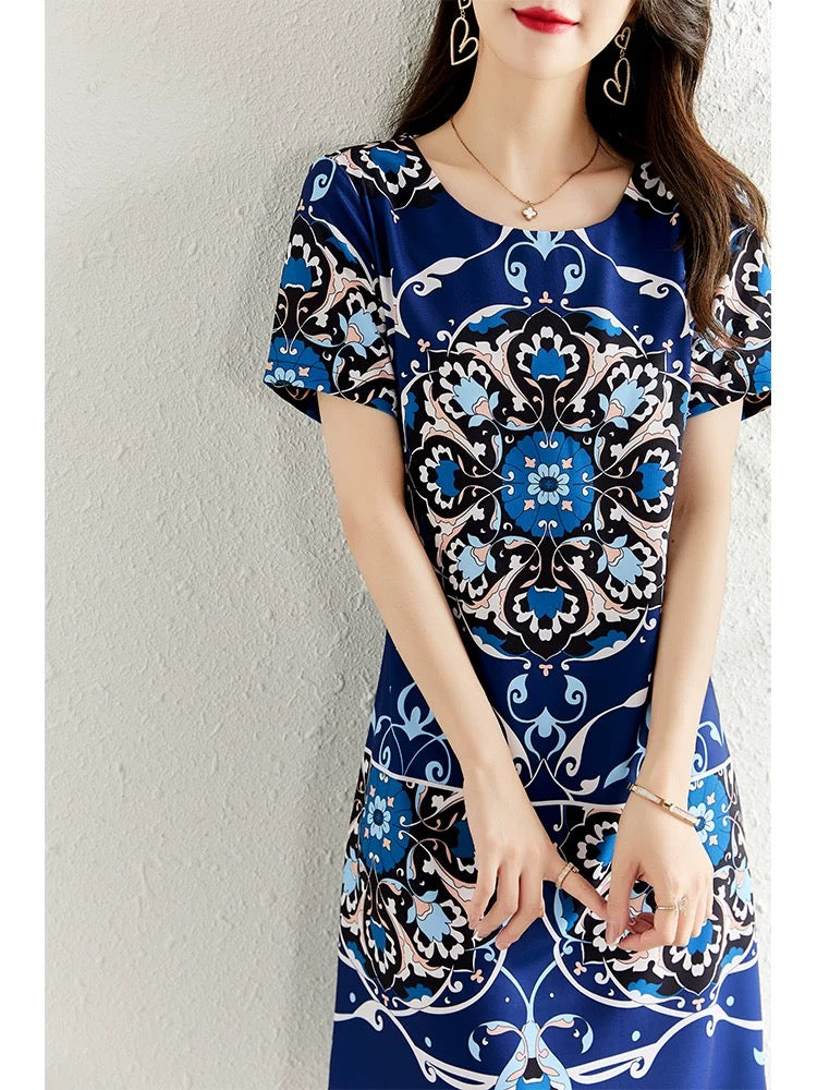 High-end retro printed dress for women summer 2024 new style waist slimming French style fashionable a-line skirt