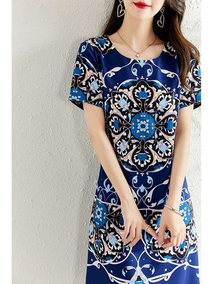 High-end retro printed dress for women summer 2024 new style waist slimming French style fashionable a-line skirt