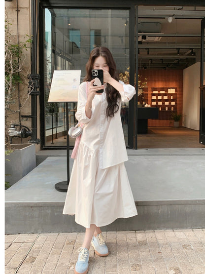 Milk blue loose large size fat mm design dress shirt skirt casual shirt skirt Korean style long skirt for pregnant women