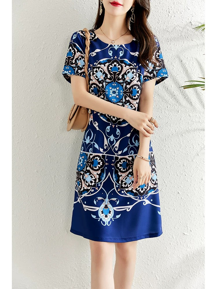 High-end retro printed dress for women summer 2024 new style waist slimming French style fashionable a-line skirt