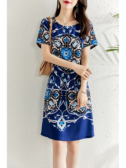 High-end retro printed dress for women summer 2024 new style waist slimming French style fashionable a-line skirt