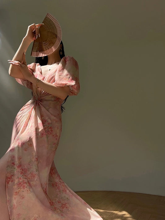 Aconiconi｜Xinghua Weiyu French Floral Chiffon Slim Fit Dress Design Two-Wear Skirt