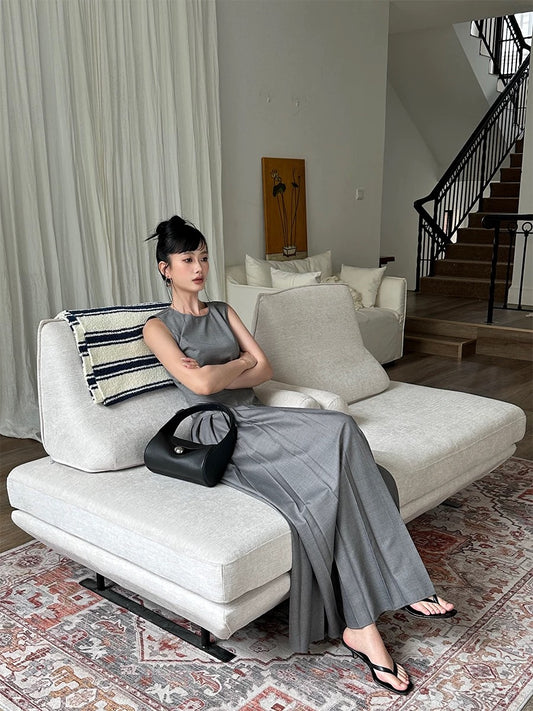 VENUIE grey round neck pleated sleeveless dress, elegant and simple, slim fit, straight shoulder, low waist A-line long skirt