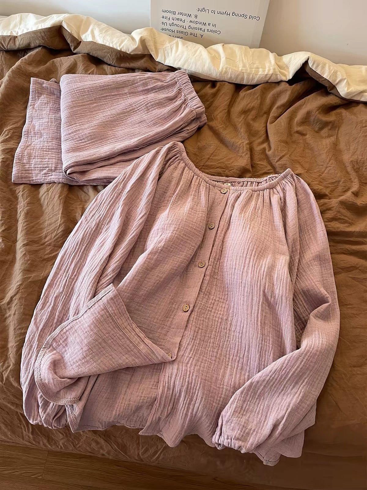 Women's Taro Purple Double-Layer Cotton Gauze Pajama Set – Soft, Cozy Long-Sleeve & Trouser Loungewear (Suitable for Casual Outings) – New Early Autumn 2026 Style