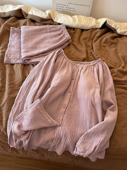 Women's Taro Purple Double-Layer Cotton Gauze Pajama Set – Soft, Cozy Long-Sleeve & Trouser Loungewear (Suitable for Casual Outings) – New Early Autumn 2026 Style