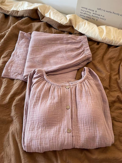 Women's Taro Purple Double-Layer Cotton Gauze Pajama Set – Soft, Cozy Long-Sleeve & Trouser Loungewear (Suitable for Casual Outings) – New Early Autumn 2026 Style
