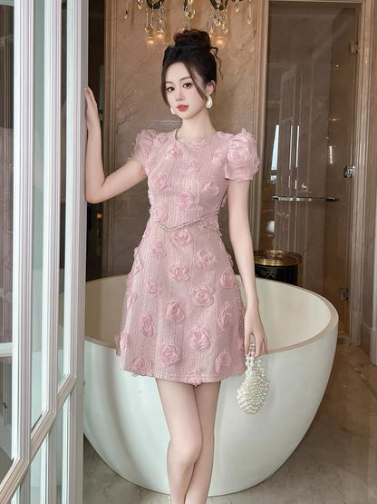Skirt women's summer 2025 new niche design three-dimensional flower puff sleeve pink dress waist A-line skirt
