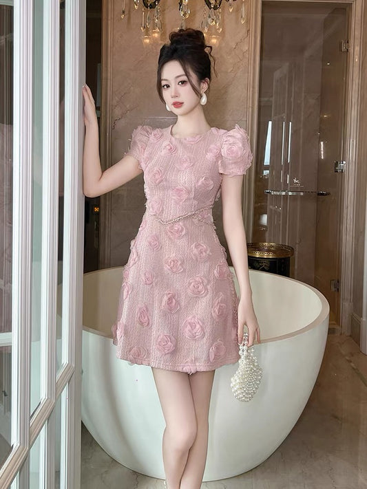 Skirt women's summer 2025 new niche design three-dimensional flower puff sleeve pink dress waist A-line skirt