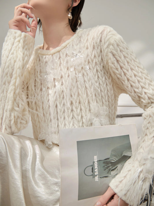 Lulu's style simple round neck sweater for commuting, new autumn 2025, elegant sequin design, long-sleeved knitwear.