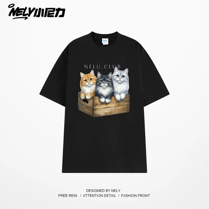 NELY Little Nelly Cartoon Cute Cat Short Sleeve T-shirt for Men and Women Summer American Retro Chic Hong Kong Style Tops Trend