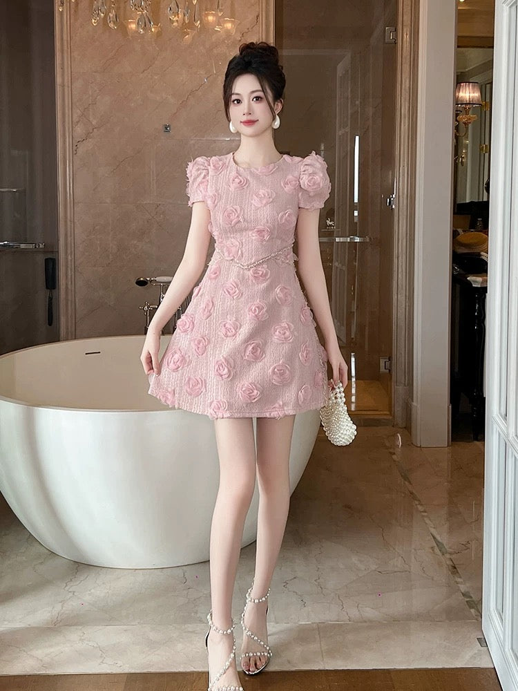 Skirt women's summer 2025 new niche design three-dimensional flower puff sleeve pink dress waist A-line skirt