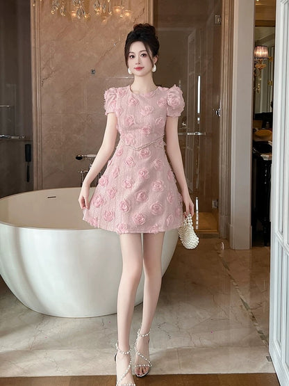 Skirt women's summer 2025 new niche design three-dimensional flower puff sleeve pink dress waist A-line skirt