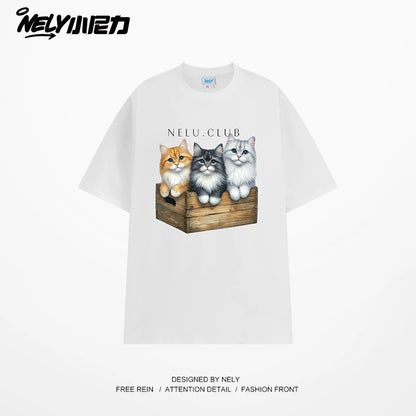 NELY Little Nelly Cartoon Cute Cat Short Sleeve T-shirt for Men and Women Summer American Retro Chic Hong Kong Style Tops Trend