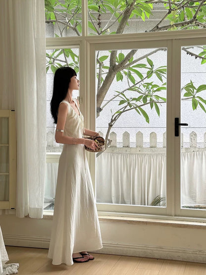 VENUIE White Tencel U-neck Dress Women's French Temperament Slim Design Strapless Sleeveless Vest Long Dress