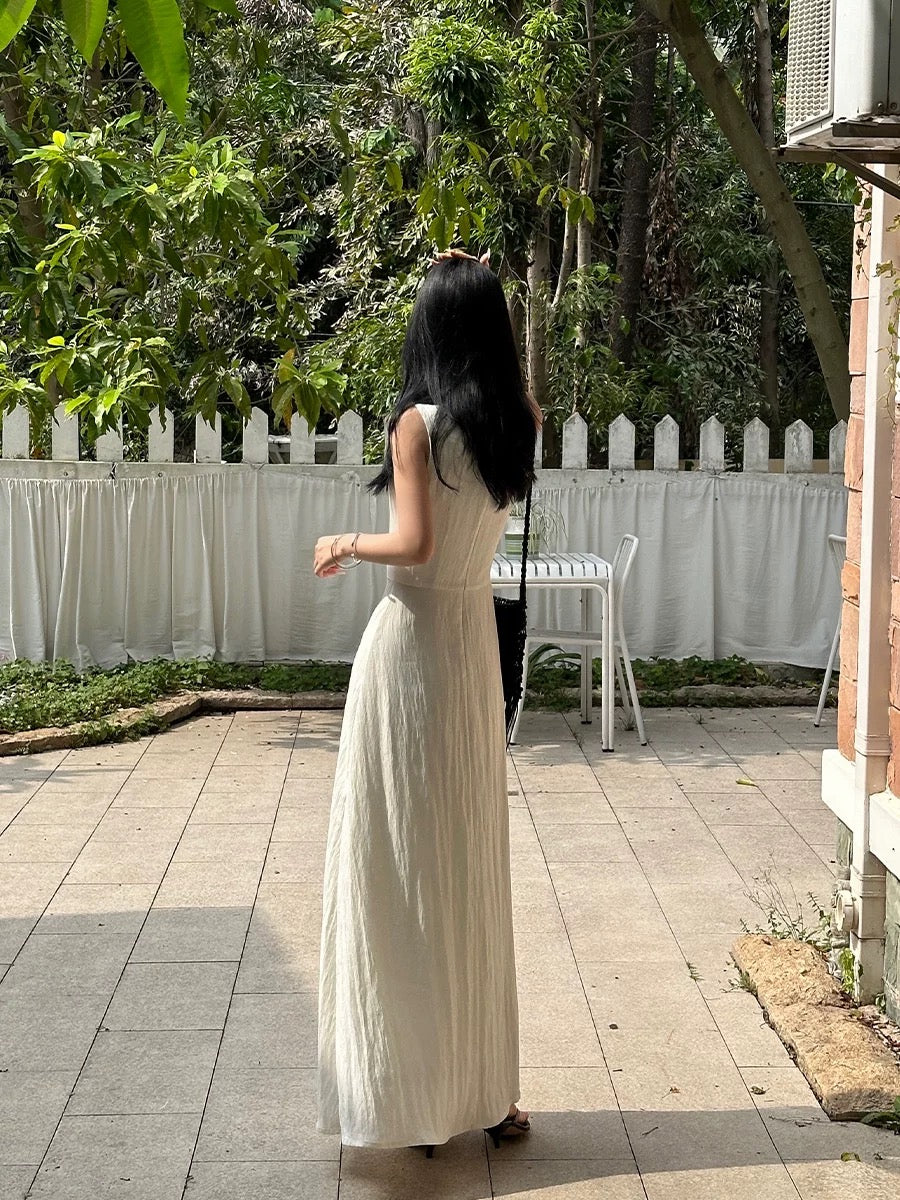 VENUIE White Tencel U-neck Dress Women's French Temperament Slim Design Strapless Sleeveless Vest Long Dress